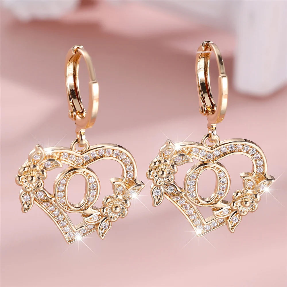 Female A-Z 26 Letter Heart Flower Hoop Earrings Yellow Gold Color White Zircon Wedding Jewelry For Women