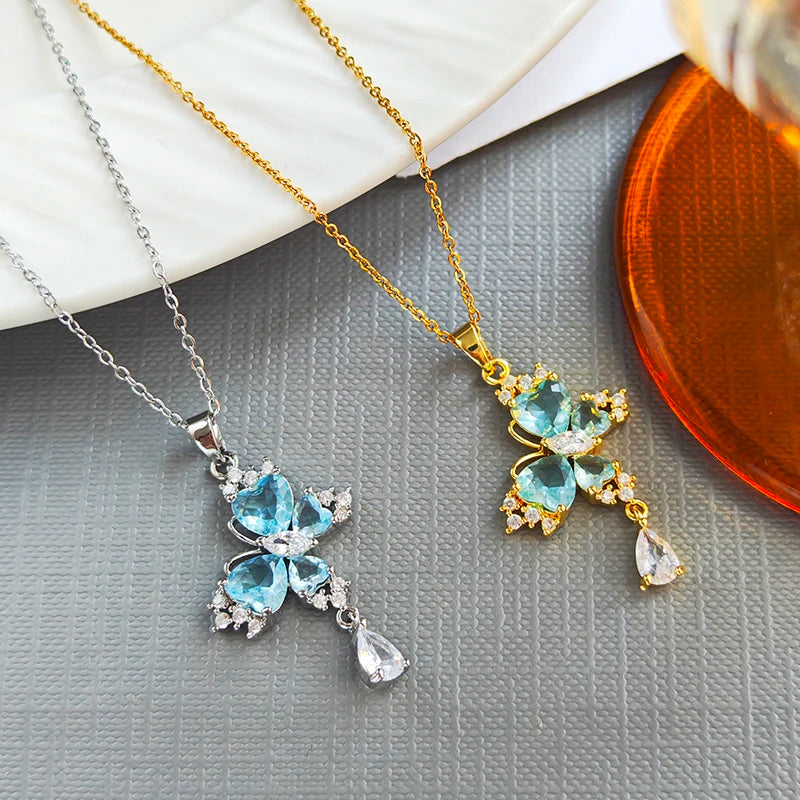 ANENJERY 316L Stainless Steel Blue Zircon Butterfly Necklace For Women Girls Glamorous Delicate Jewelry Gifts Wholesale Party