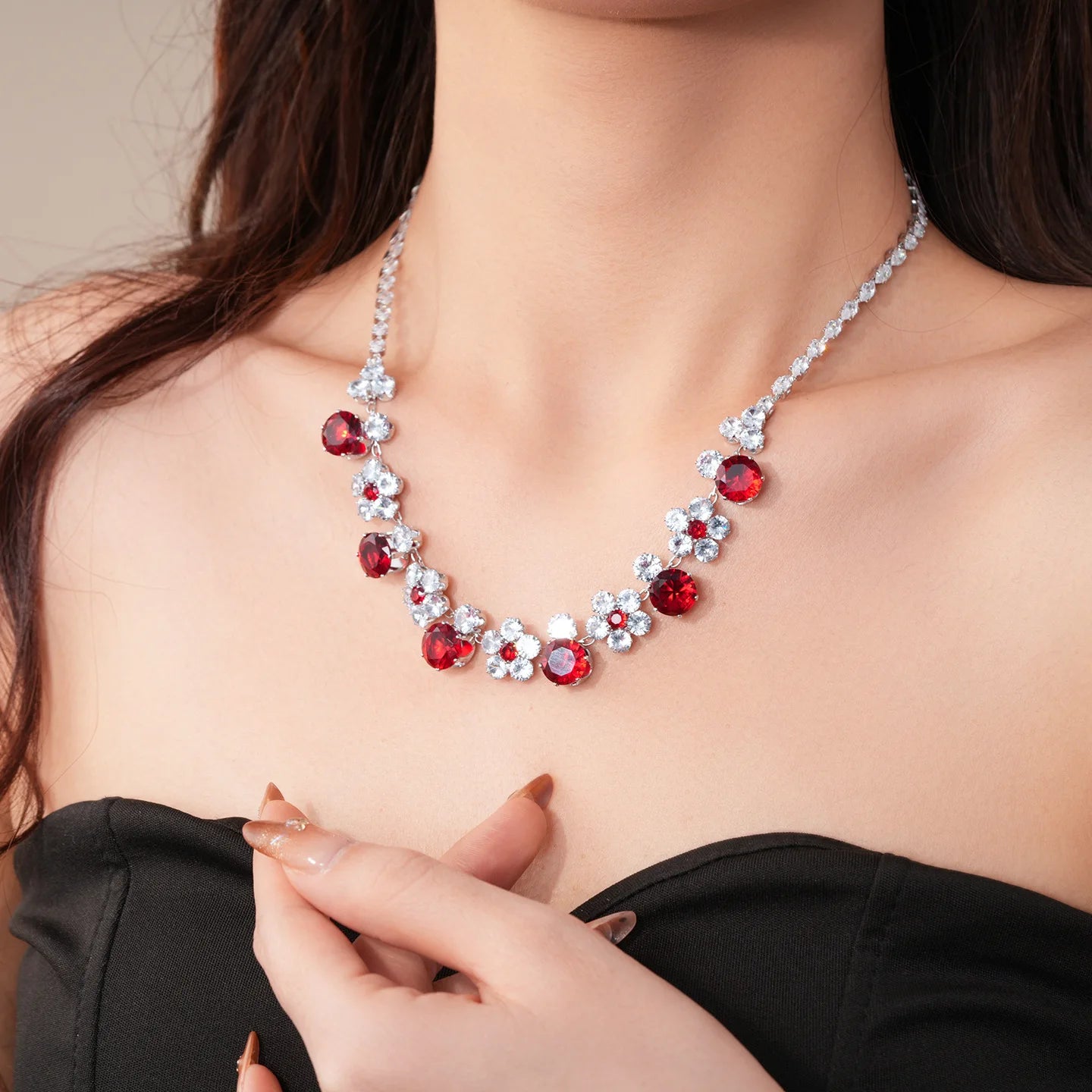 2 Pcs Reteo Flower Rhinestones Chokers Necklaces for Gathering Bling Color-block Dangle Earrings Banquet Anniversary Set H