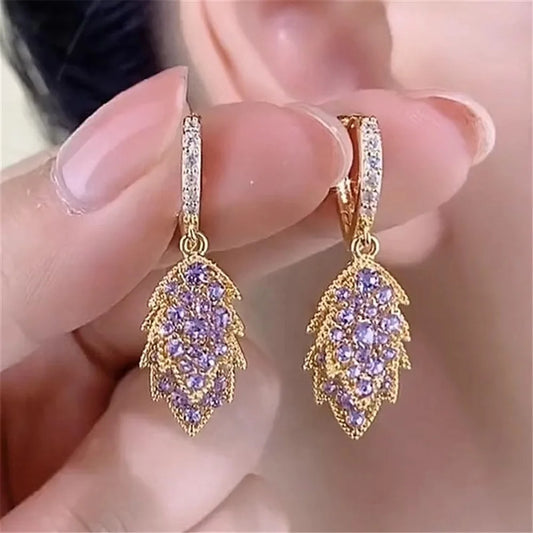 Vintage Female Purple Tree Leaf Zircon Stone Hoop Earrings Unique Gold Color Wedding Jewelry For Women