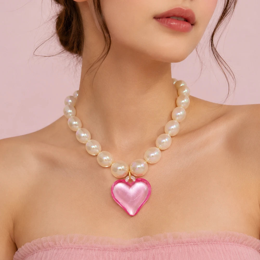 Colorful Resin Beads Choker Necklace for Women Fashion Transparent Big Love Heart Pendant Charm Collar Jewelry Party Gifts
