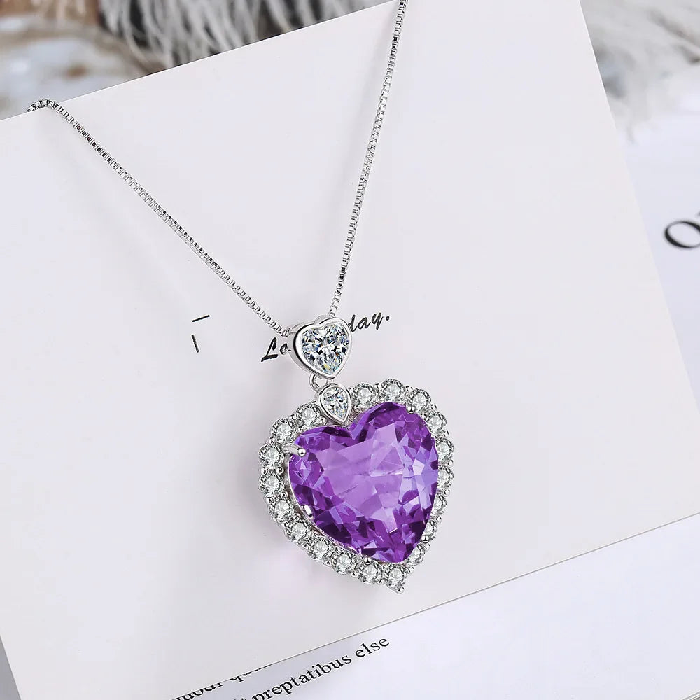 S925 Sterling Silver Women's Necklace with Purple Love Gemstone Pendant Adjustable Length 40cm to 45cm Luxury Jewelry
