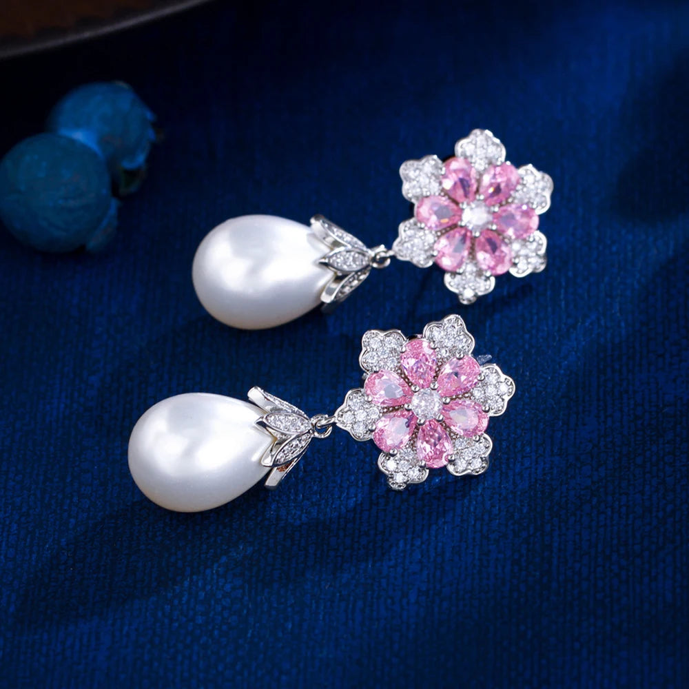 ThreeGraces Delicate Shiny Pink Zirconia Simulated Pearl Long Flower Drop Earrings for Women Bridal Wedding Party Jewelry E1929