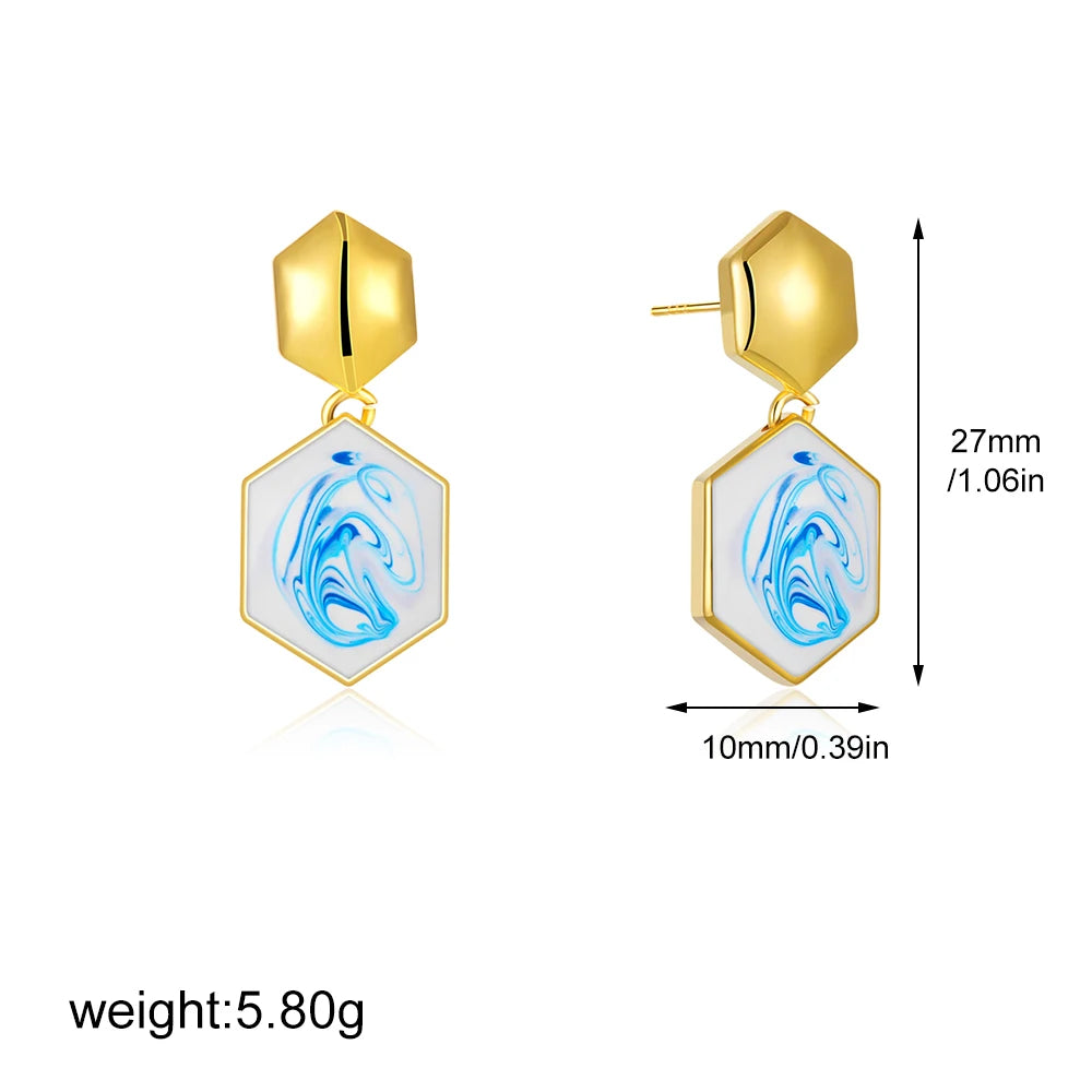 Blue White Porcelain Star Moon Oval Drop Earrings for Women Stainless Steel Gold Color Geometric Dangle Earrings Jewelry Gift