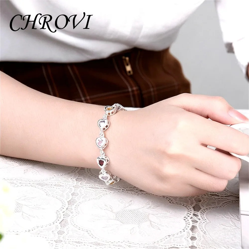 Exquisite 925 sterling silver cubic zirconia crystal heart bracelet for women, versatile, fashionable, suitable for commuting
