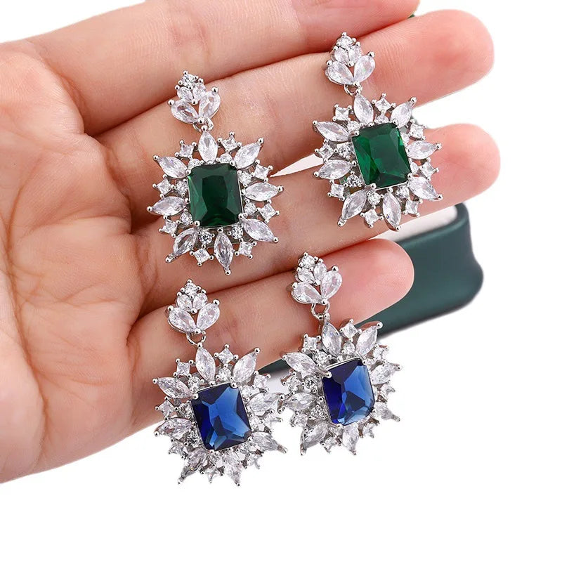 925 Silver New Emerald Geometric Earrings Feminine Exaggerated Light Luxury Princess Square Diamond Earrings Party Birthday Gift