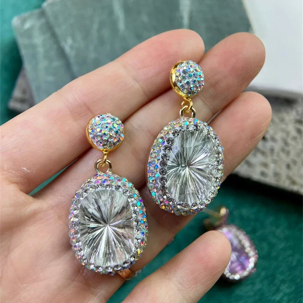 Fashion Large Purple Crystsal Dangle Earrings Cushion Cut Crystal Clay Rhinestone Crystal Jewelry for Women Party Wedding Golden