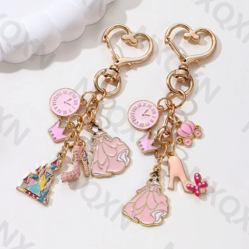 Cute Pink Clock Castle Crown Princess Enamel Keychain Lovely FatTonny Key Ring For Women Girls Good Gift Handmade Jewlery Set