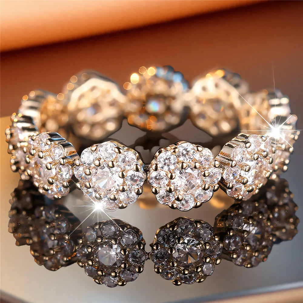 Cute Female White Zircon Stone Flower Ring Gold Color Engagement Charm Wedding Jewelry For Women