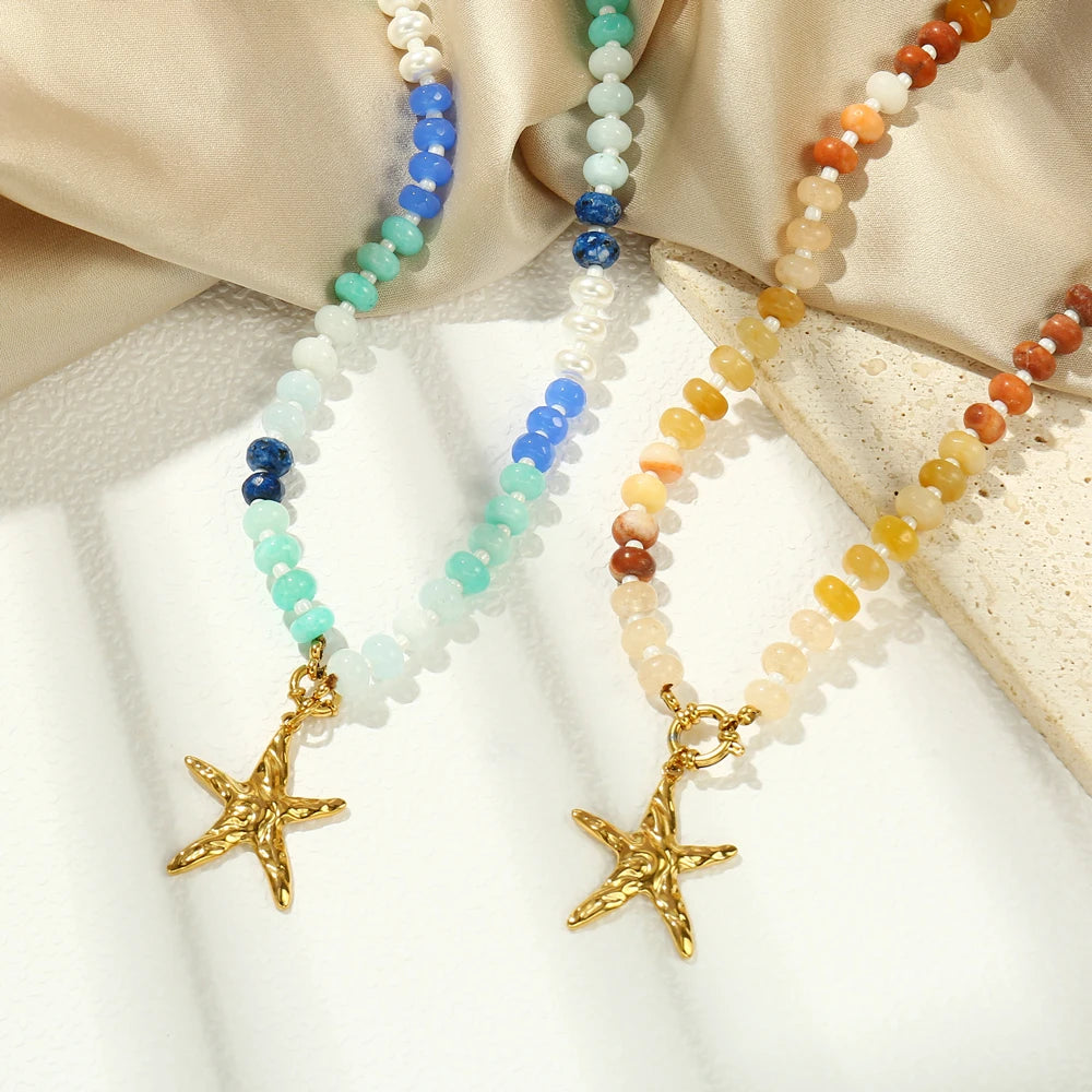 Badu Summer Colorful Natural Stone Beads Stainless Steel Starfish Pendant Necklace for Women Bohemia Beach Jewelry Waterproof