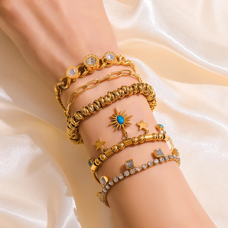 EILIECK 316L Stainless Steel Water Drop Zircon Butterfly Hexagram Charm Bracelet For Women Trend Fashion Gold Color Jewelry Gift