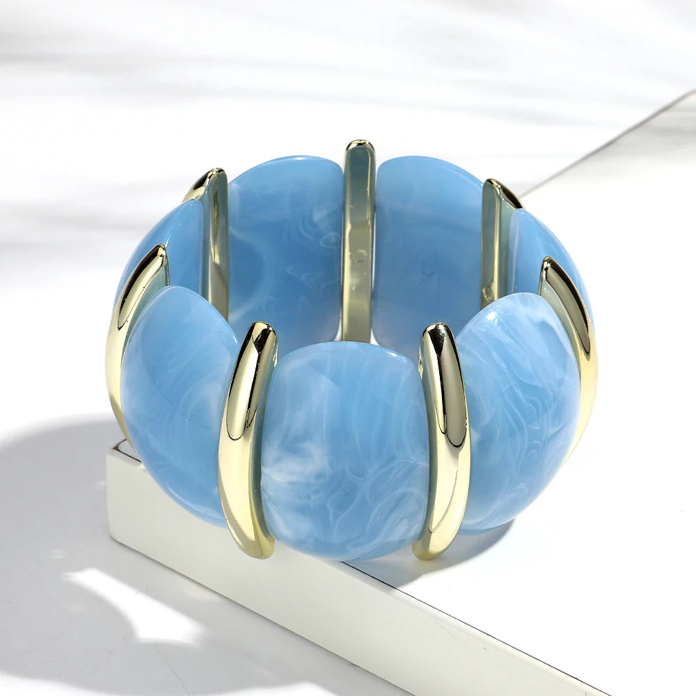 Fashion Acrylic Colorful Wide Elastic Geometric Petal Bangle Bracelets Exaggerate Curved Beads Cuff Bracelet Gifts for Women