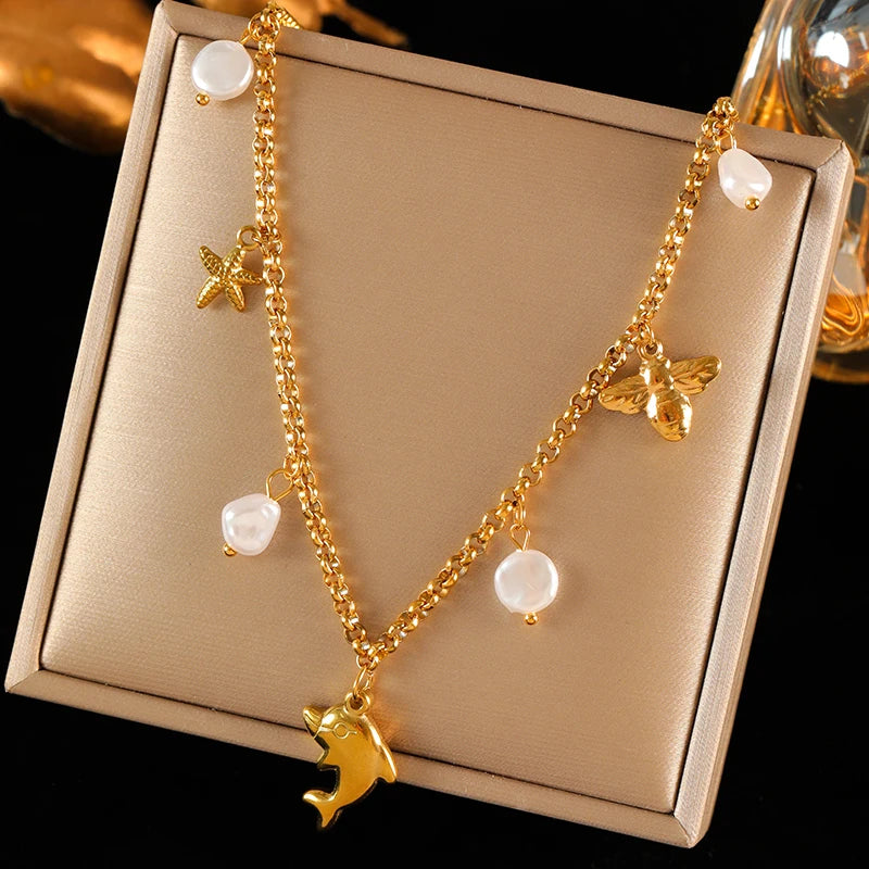 EILIECK 316L Stainless Steel Pearl Shell Starfish Sun Charm Necklace For Women Ocean Style Gold Plated Handmade Holiday Jewelry