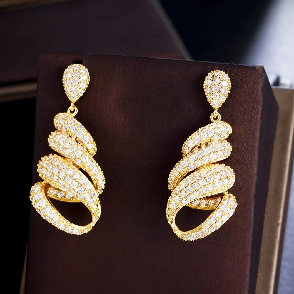 ThreeGraces Luxury Fashion Shiny White Zirconia Bridal Wedding Party Long Twist Lines Drop Earrings for Women Jewelry E1053