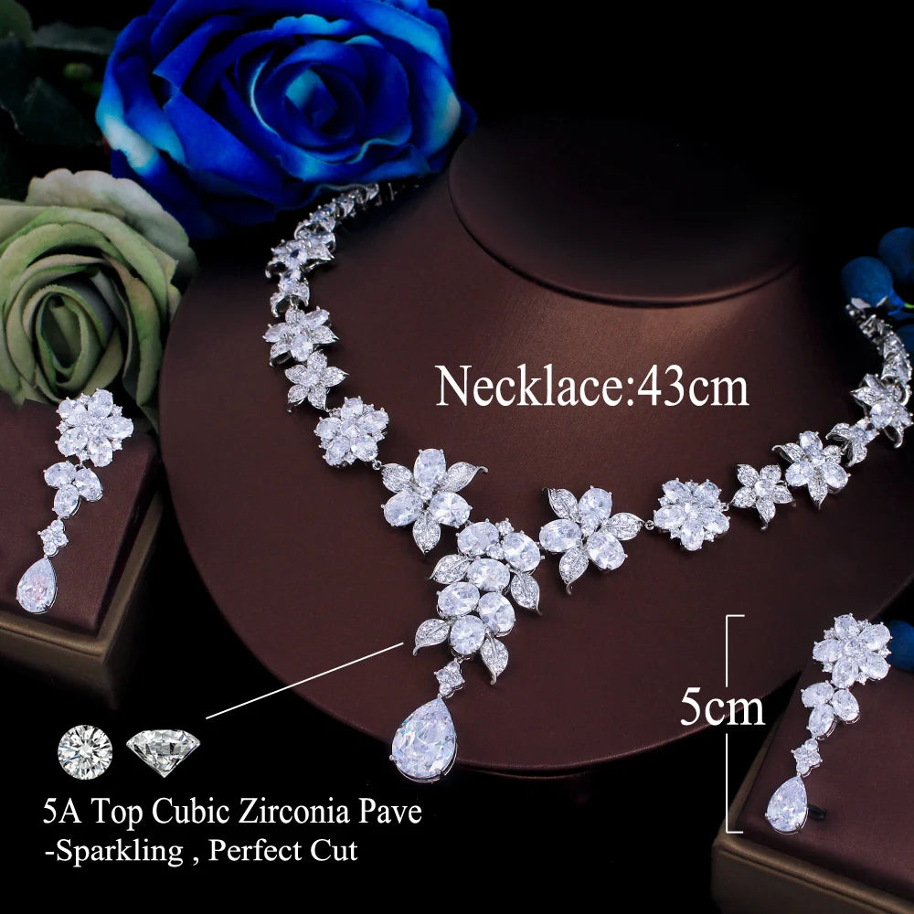 ThreeGraces Luxurious Shiny Water Drop Zirconia Long Flower Necklace Earrings Bridal Wedding Party Jewelry Set for Women T1028