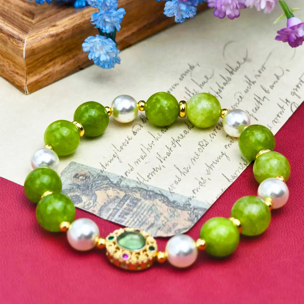 NEW Natural Green stone Beaded Pearl Bracelet for Women Golden Charm Boho Bracelet Wedding Party Daily Wear Jewelry Gift