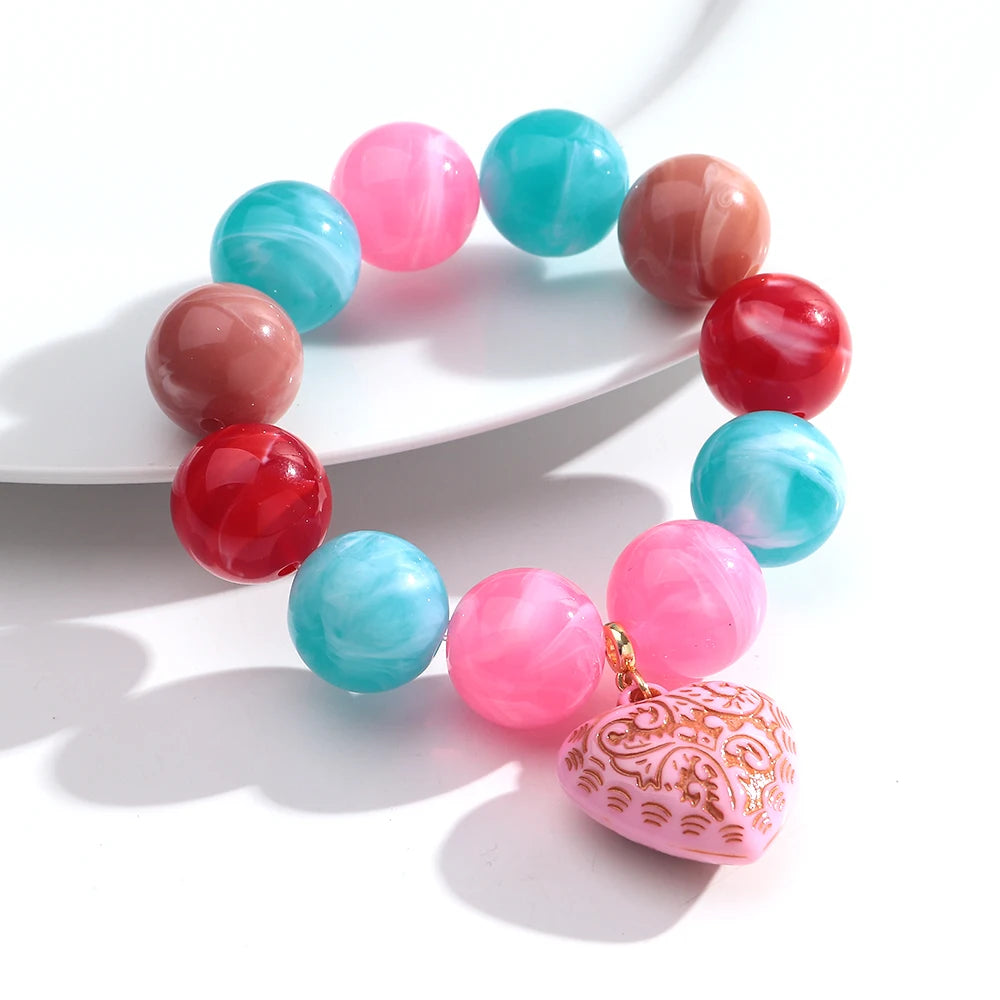 Boho Colorful Round Beads Heart Pendant Elastic Bracelets Fashion Geometric Beaded Bangle Bracelet Women Jewelry Gifts