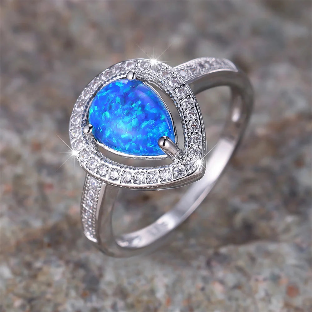 Cute Water Drop Stone Ring Blue Fire Opal Wedding Rings For Women Silver Color Engagement Jewelry Accessory Mother's Day Gifts