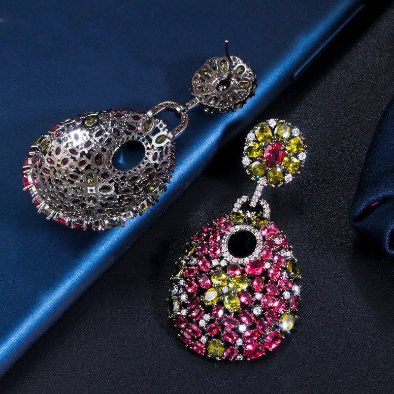 ThreeGraces Vintage Elegant Rose Red Zirconia Long Geometric Drop Earrings for Women Trendy Luxury Wedding Party Jewelry E2106