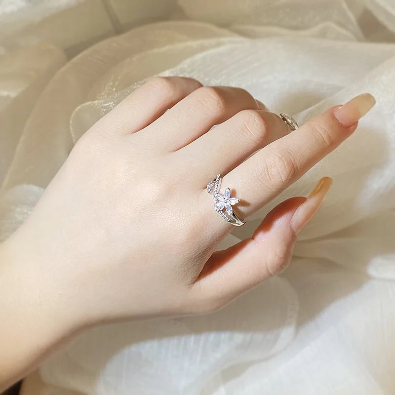 Luxury Five-Star Opened Ring for Women 925 Silver with Full Diamonds and Graduated Square Zirconia Star Ring - Unique Jewelry