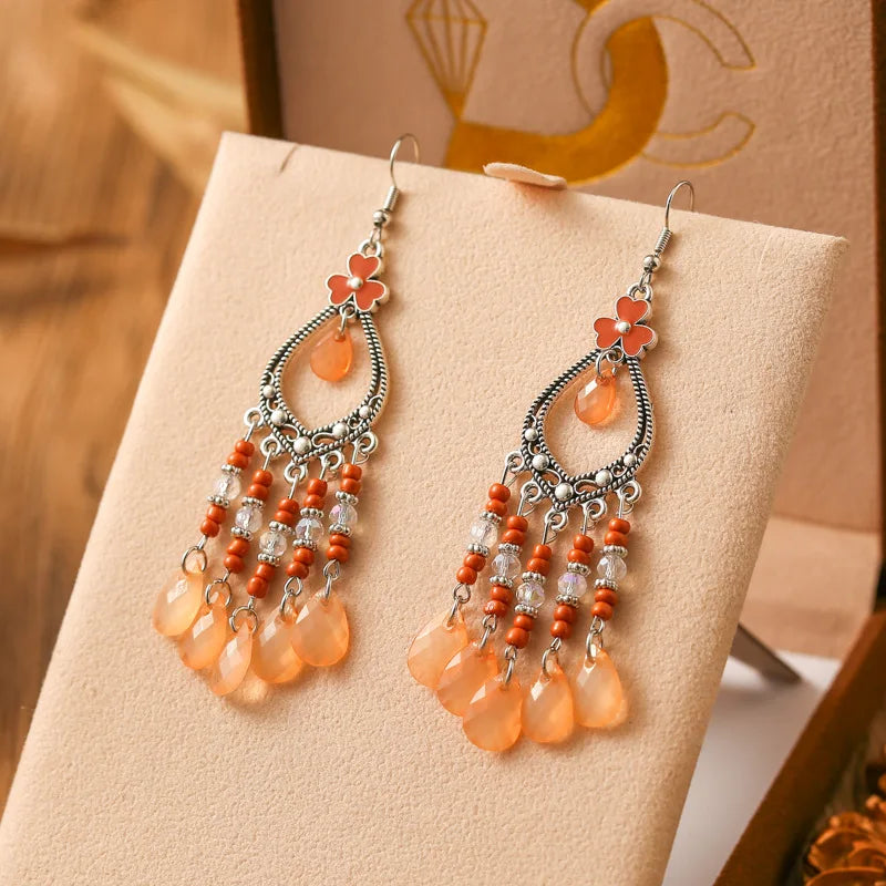 New Bohemian Long Rice Bead Water Drop Earrings for Women Ethnic Retro Drop Oil Hollow Dangle Earrings Vacation Party Jewelry