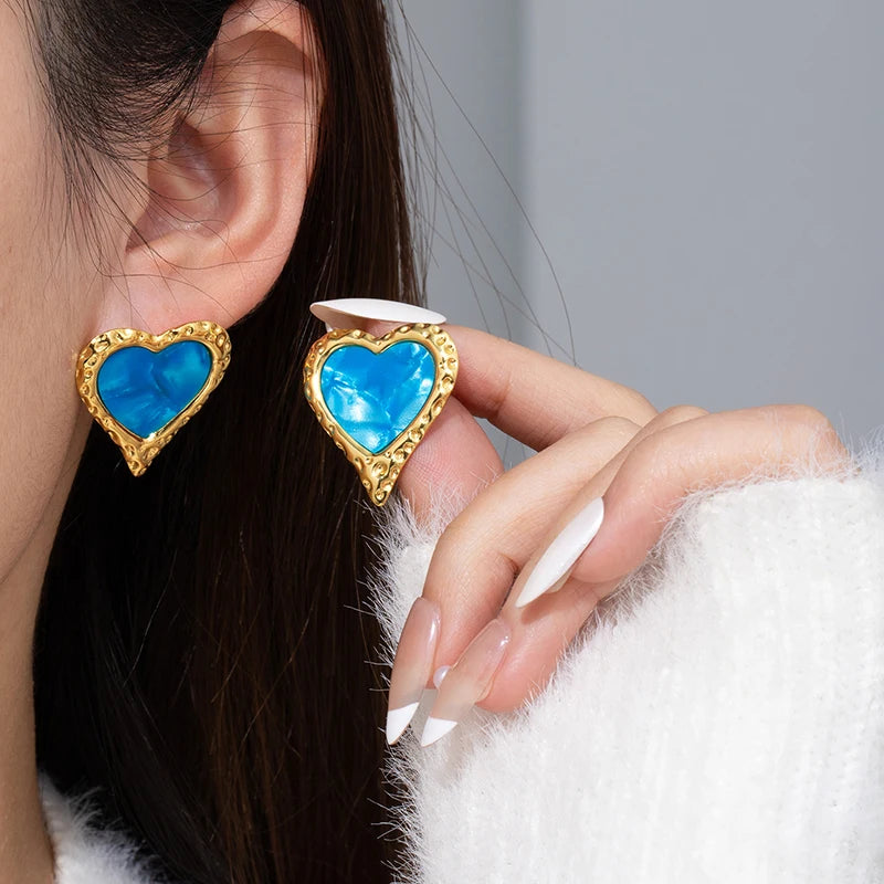ANENJERY 316L Stainless Steel Ripple Metal Heart Earrings For Women Bohemia Niche Vintage Personality Delicate Jewelry Gifts
