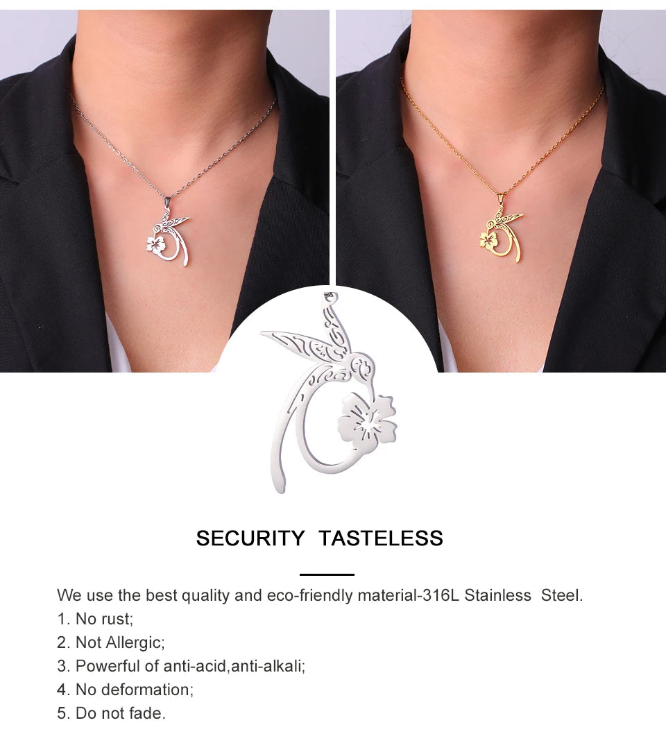 My Shape Hummingbird Flower Pendant Necklaces for Women  Bird Floral Stainless Steel Chain Choker Fashion Jewelry Gifts