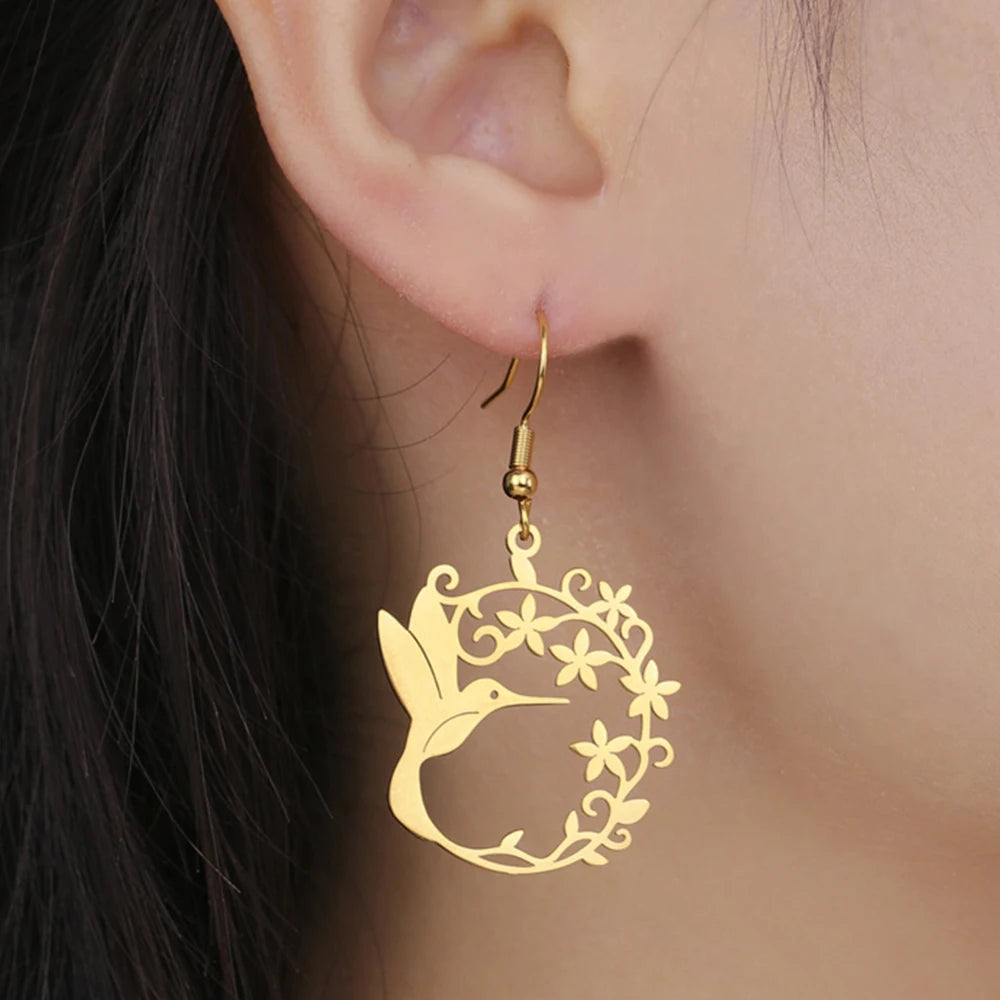 My Shape Hummingbird Earrings for Women Stainless Steel Flowers Birds Dangle Earrings Filigree Boho Fashion Jewelry  Gifts