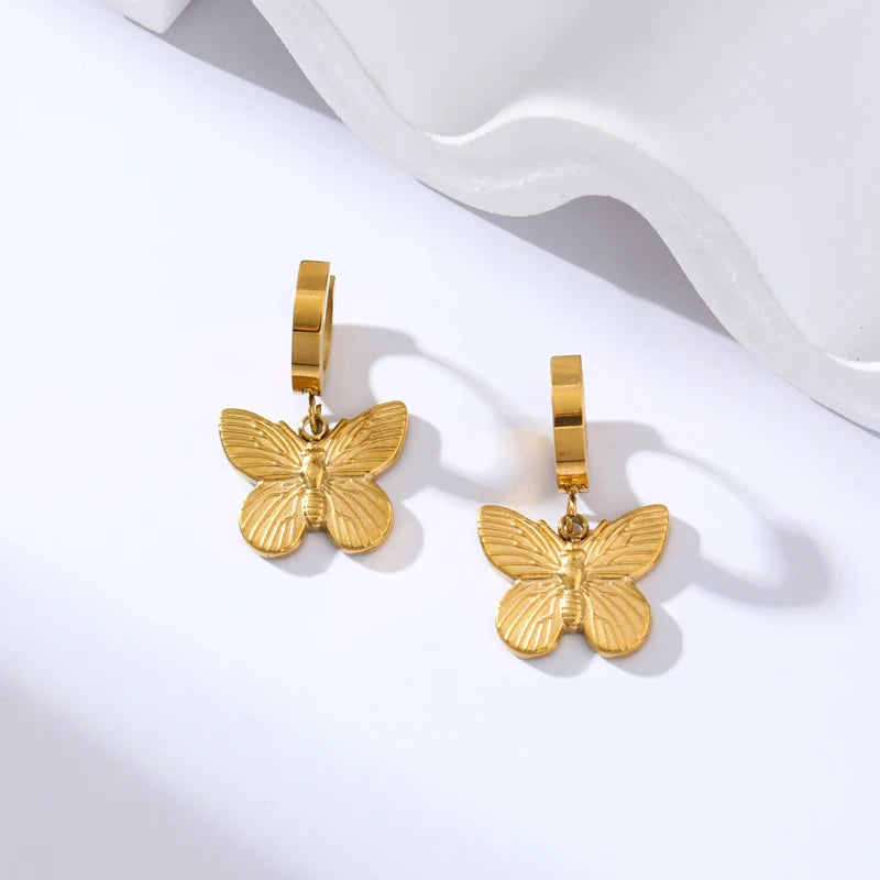 EILIECK 316L Stainless Steel Butterfly Heart Drop Earrings For Women Fashion New Ear Stud Gold-Plated Waterproof Jewelry Gift