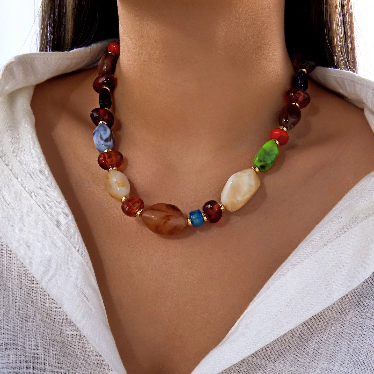 Colorful Irregular Resin Beaded Heart Pendant Necklace for Women Bohemia Brown Round Adjustable Choker Party Jewelry Gifts