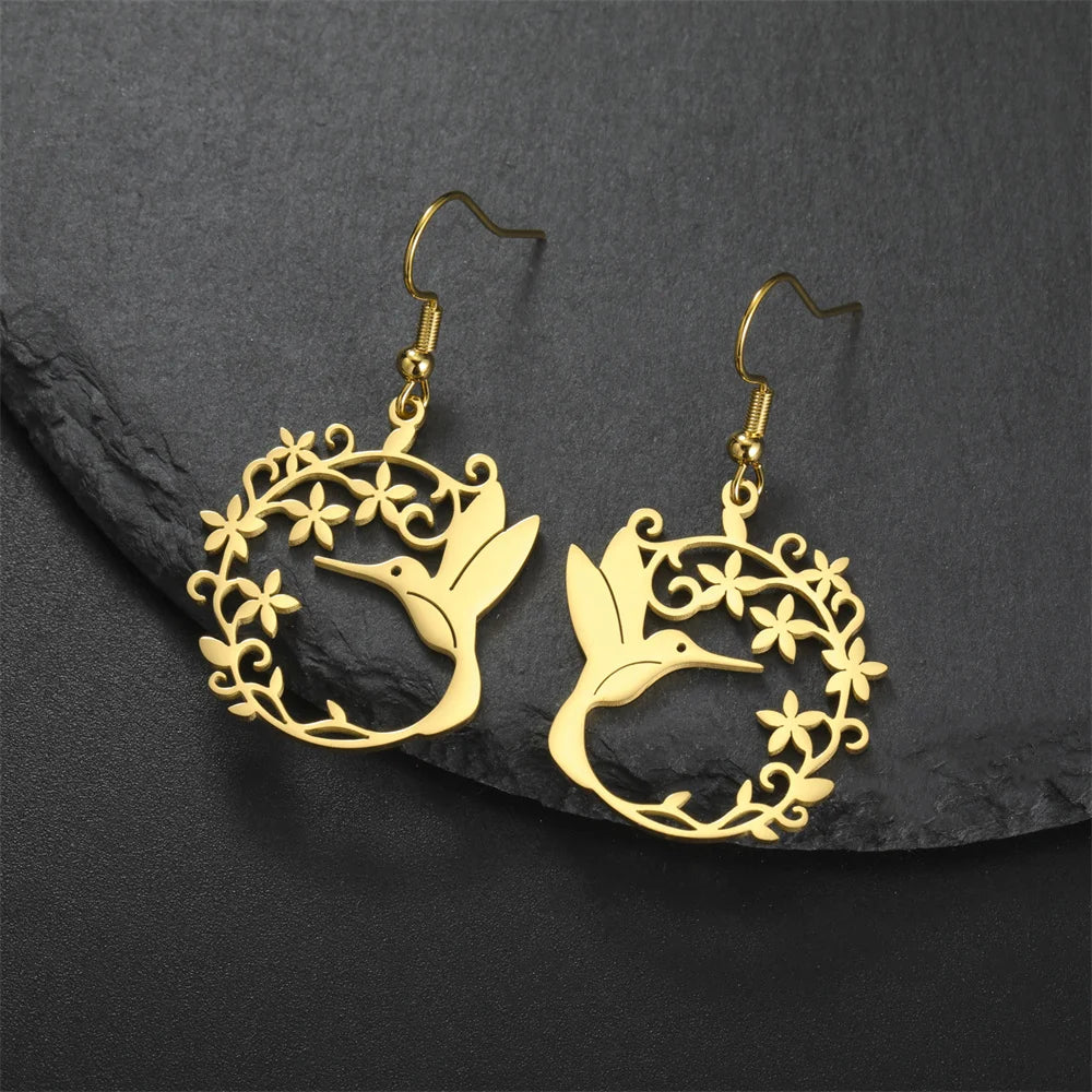 My Shape Hummingbird Earrings for Women Stainless Steel Flowers Birds Dangle Earrings Filigree Boho Fashion Jewelry  Gifts