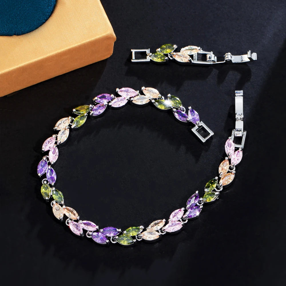 ThreeGraces New Trendy Brilliant Cubic Zirconia Leaf Shape Bridal Wedding Tennis Chain Link Bracelet Jewelry for Women B621