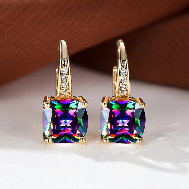 Blue Zircon Square Stone Luxury Crystal Rainbow Hoop Earrings Boho Gold Color Engagement Wedding Jewelry For Women