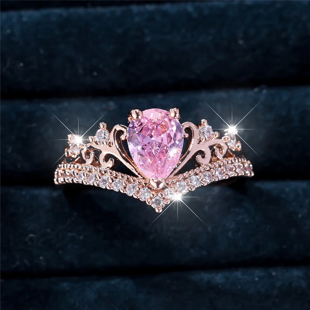 Luxury Female Pink Water Drop Zircon Stone Ring Dainty Rose Gold Color Wedding Jewelry For Women