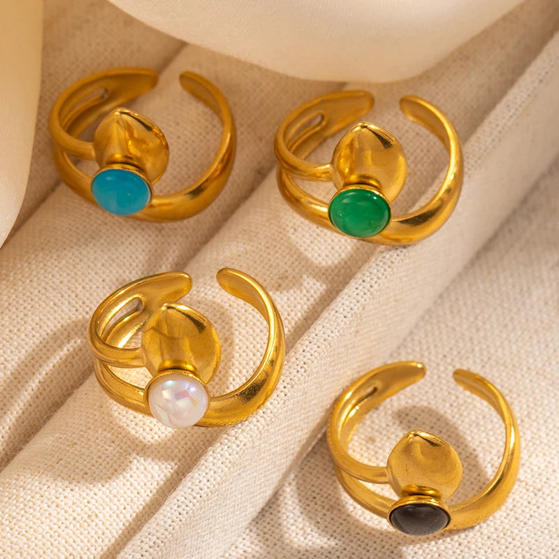 ANENJERY 316L Stainless Steel Colorful Stone Water Droplets Open Ring for Women Personality Niche Jewelry Niche Gifts Wholesale
