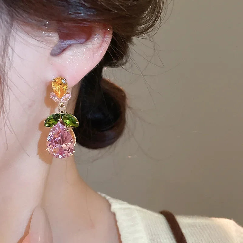 2 Pcs Color-block Water Drop Zircon Pendant Necklaces Set Party Retro Leaf Dangle Earrings Daity Banquet Gathering Anniversary H
