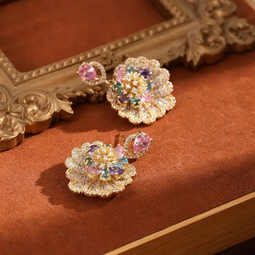 Fashionable zircon blue flower earrings, French style light luxury high-end earrings, elegant temperament, personalized earrings