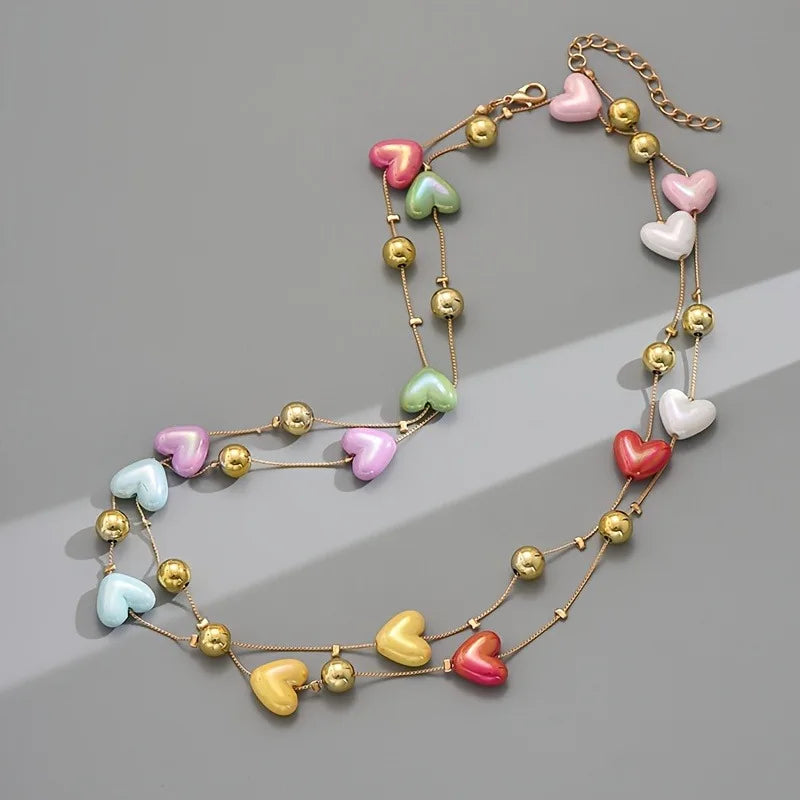 Bohemian Long Multilayer Heart Necklace for Women Colorful Candy Like Hearts with Golden Accents