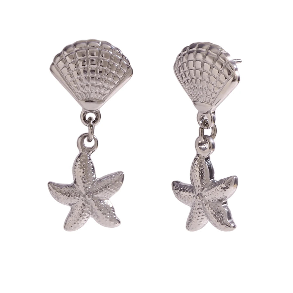 E.B.belle Scallop and Starfish Splicing Earrings 316L Stainless Steel Women's Earrings 18K Gold Plated Decoration