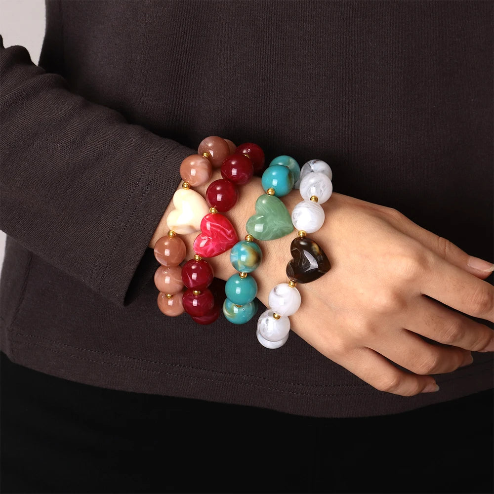 Trendy Acrylic Round Heart Beads Elastic Bangle Bracelets Resin Colorful Geometric Beaded Stretch Bracelet Women Charm Jewelry