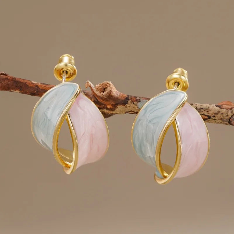 Elegant Wave Design Lady Stud Earring Fresh Style with Pink/Mint Green Enamel Aesthetic Party Accessories Wedding Trendy Jewelry