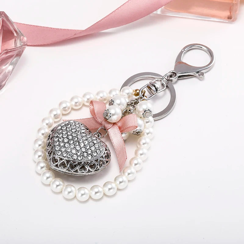 Pink Bow Love Pearl Chain KeyChain Sparkling Crystal Women's Luxury Handbag Pendant Car Key Ring