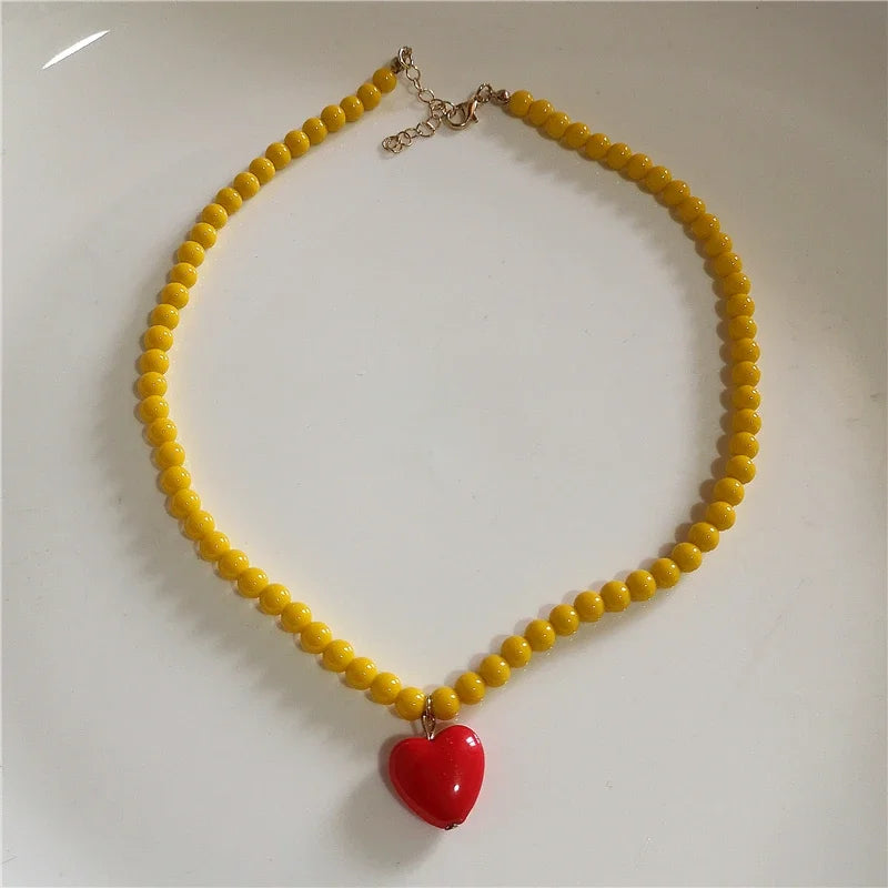 Kpop Resin Candy Color Heart Pendant Glass Beaded Short Choker Collar Neck Necklace Aesthetic Charm Jewelry Y2K Accessories