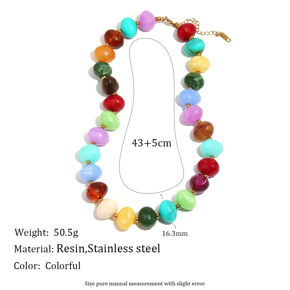 E.B.belle Colorful Candy Bead Strand Necklace Adjustable Gold Extension Chain Flat Oval Resin Beads Fashion Beach Women Jewelry