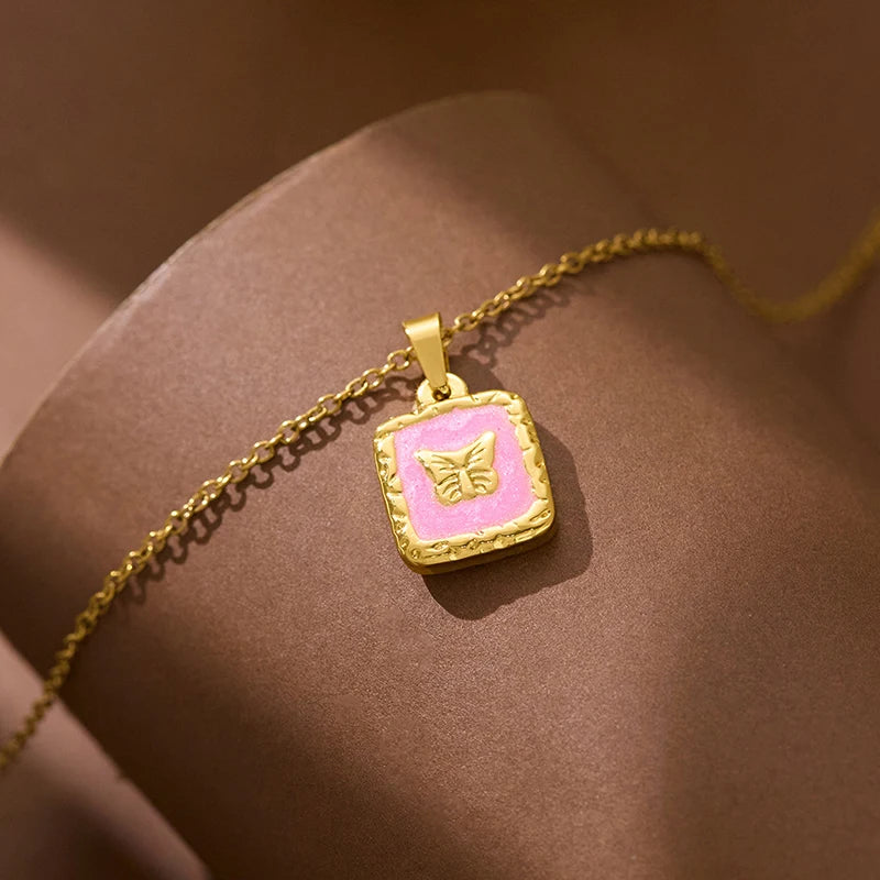 ANENJERY 316L Stainless Steel Butterfly Square Card Pendant Necklace For Women Simple Clavicle chain Elegant Jewelry Gifts
