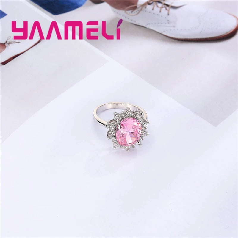 Gorgeous Sweet Real 925 Sterling Silver Color Big Oval Pink Crystals Rings For Lady Women Wedding Engagement Fashion Anel