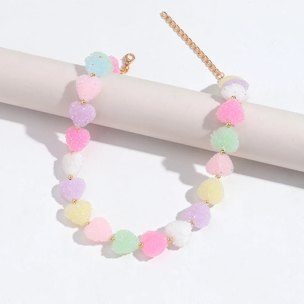 Sweet Candy Colored Resin Love Heart Choker Necklace for Women Cute Geometric Heart Shape Collar Necklace Summer Jewelry Gifts