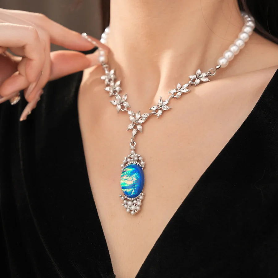 Imitation Pearl Necklace Drop Earrings Oval Shaped Pendant Necklace Earring Women's Fashion Rhinestone Party Jewelry Set  K