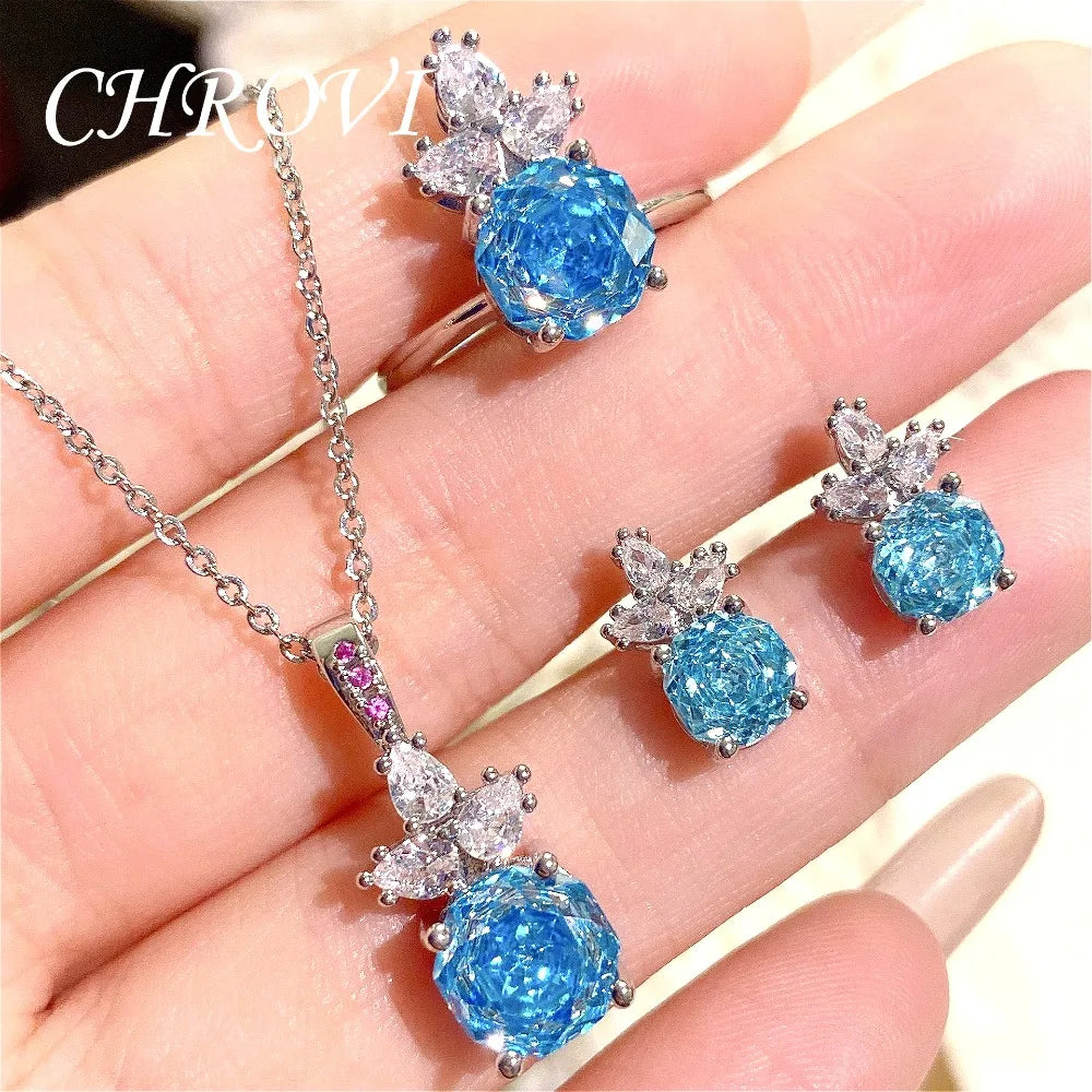 Luxury 925 Sterling Silver Millennium Rose Diamond Pendant Necklace, Diamond Ring and Stud Earring Set