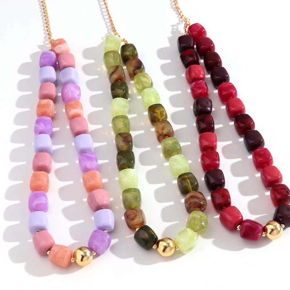 Boho Colorful Acrylic Geometric Square Beads Necklace Fashion Resin Geometry Beaded Collar Necklace 2026 New Jewelry Gifts